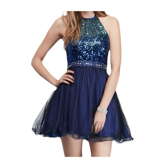 Masquerade Sz 9/10 Formal Prom Hoco Blue Sequin Beaded Rhinestone Mini Dress - Picture 4 of 11